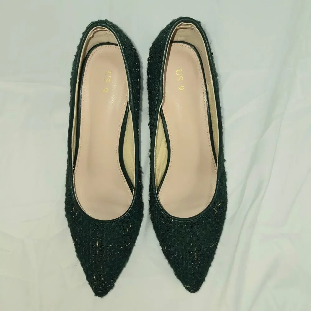 Allegra K Women Sz 9 Dark Green Gold Tweed Wedge Heels Wedding Granny Retro